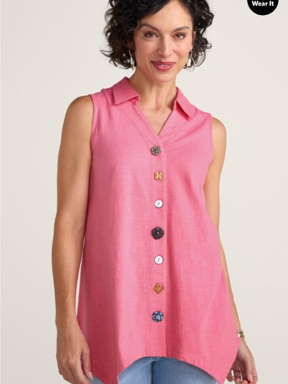 NWT Soft Surroundings Women's Sleeveless Pink Top Shirt Lagenlook Buttons Boho